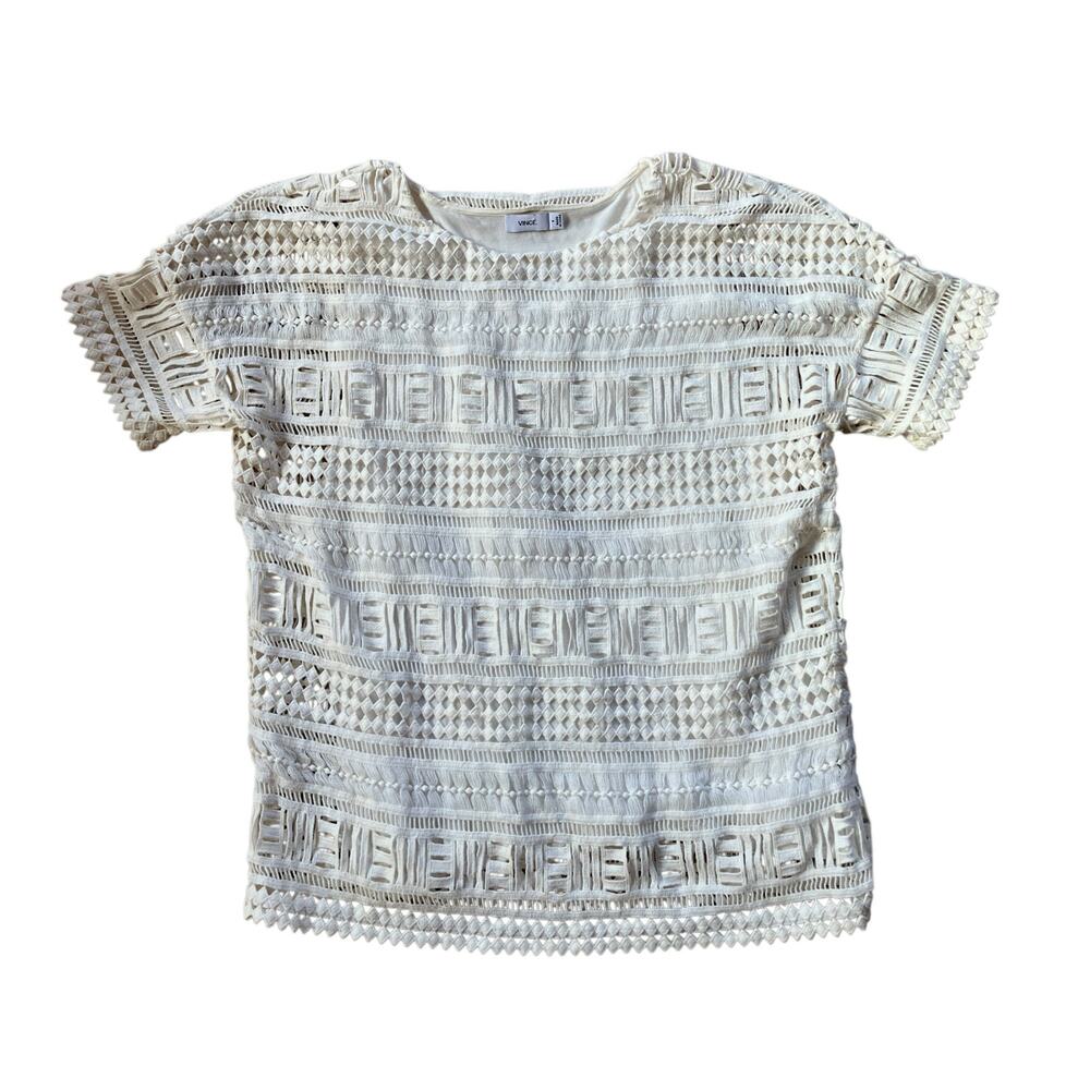 Vince Crochet Overlay Short Sleeve Top Size S Cream Minimalist